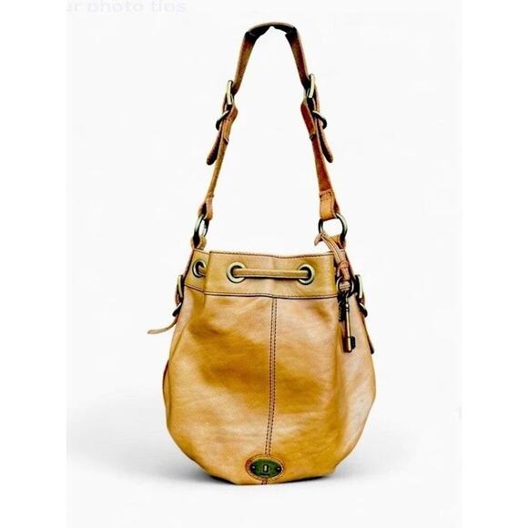 Fossil Handbags - Fossil Tan Genuine Leather Vintage Bucket Bag Shoulder Purse Key Charm Y2K